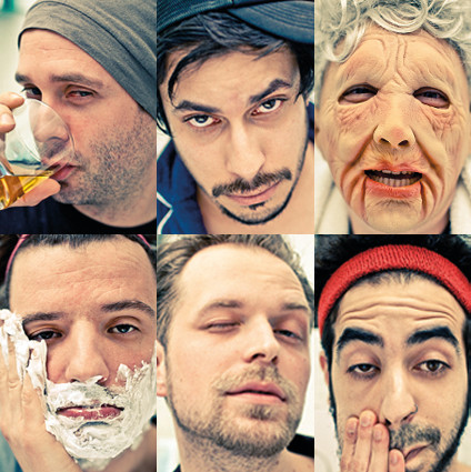 Sechs Porträtfotos: Trinkend, mit Cappy, Maske oder Rasierschaum, zwinkernd und mit Stirnband